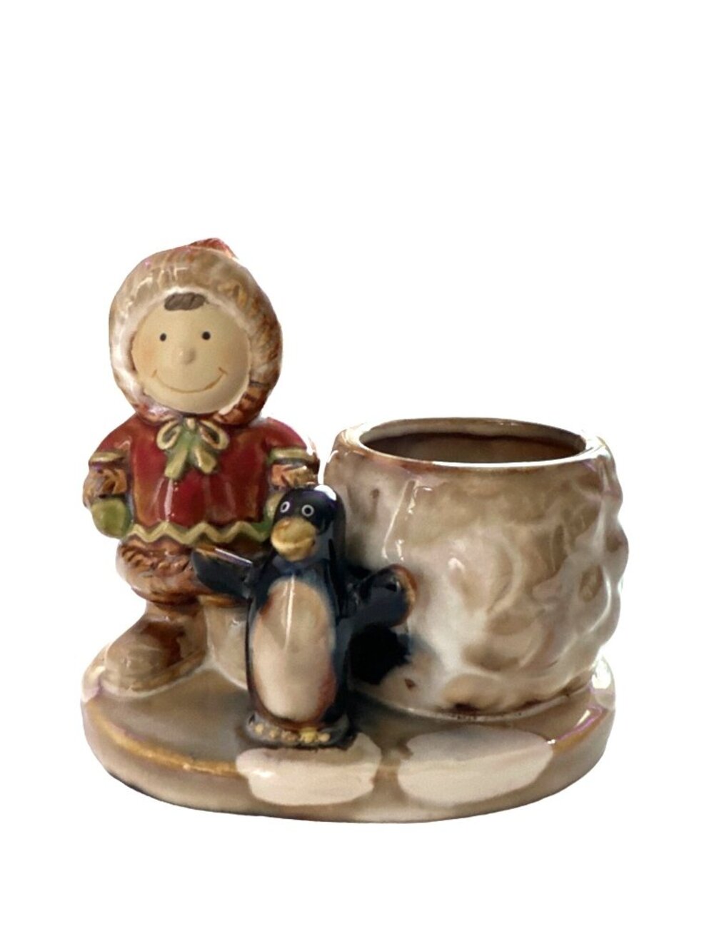 Yankee Candle Tea Light Holder VINTAGE Figurine Eskimo Girl Penguin Christmas